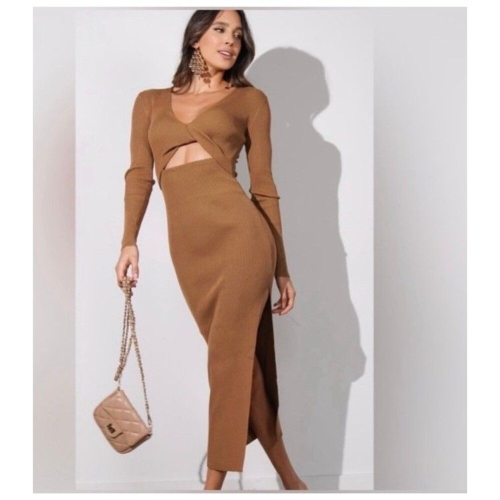 House Of Harlow Brown Ribbed Luxe Open‎ Stomach Long Sleeve Dress NWT Small